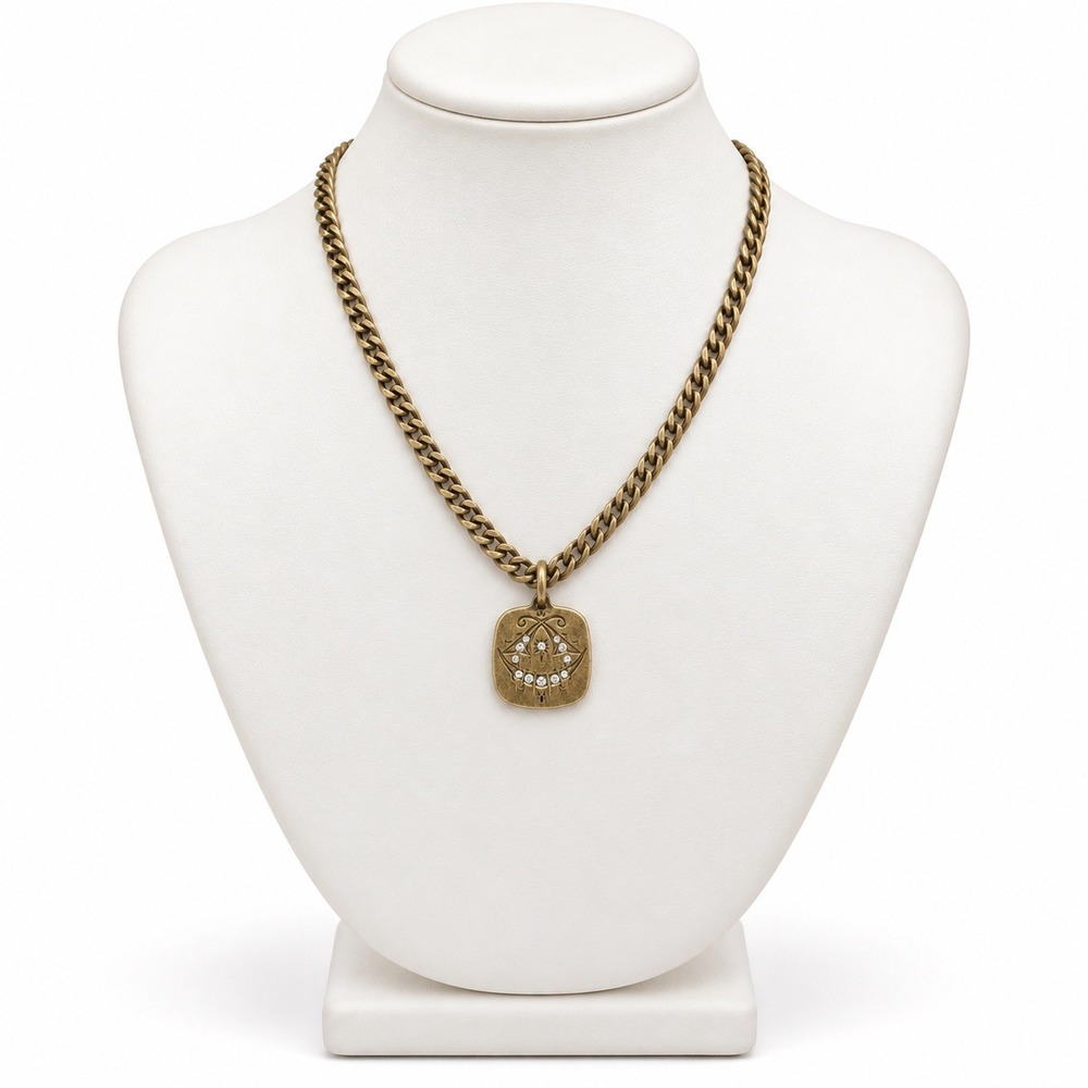 Stella & Dot Jezebel Pendant Necklace Antiqued Bronze Tone CZ Cuban Curb 17-19"